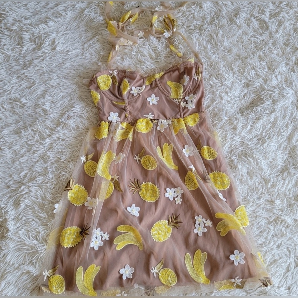 For Love & Lemons Yellow Pineapple Embroidered Mini Dress on Tan Sheer - Picture 3 of 3